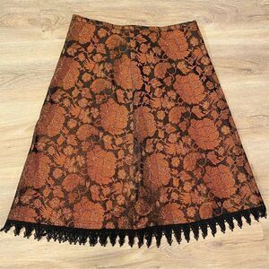 NEW ANNI KUAN A-LINE BRONZE & BLACK SEMI METALLIC ACCENT LACED HEM MIDI SKIRT 4